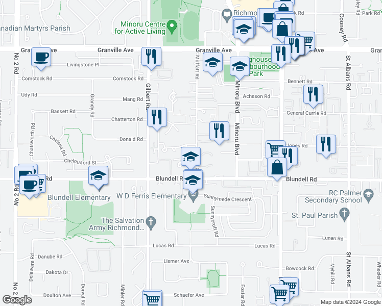 map of restaurants, bars, coffee shops, grocery stores, and more near 7651 Moffatt Road in Richmond