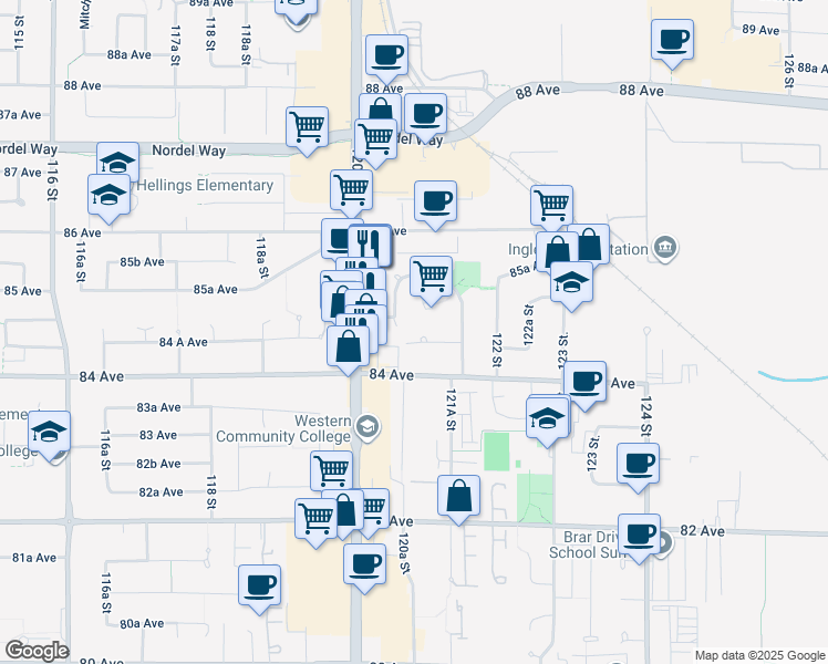 map of restaurants, bars, coffee shops, grocery stores, and more near 12079 84A Avenue in Surrey