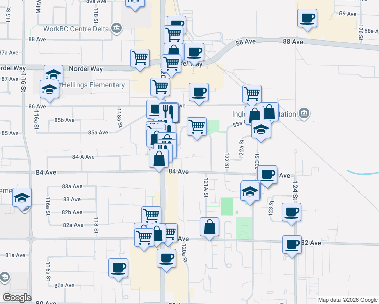 map of restaurants, bars, coffee shops, grocery stores, and more near 12079 84 A Avenue in Surrey