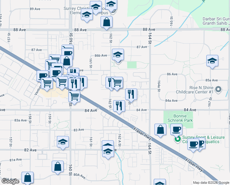 map of restaurants, bars, coffee shops, grocery stores, and more near 8484 162 Street in Surrey