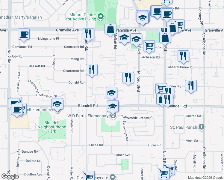 map of restaurants, bars, coffee shops, grocery stores, and more near 7651 Moffatt Road in Richmond