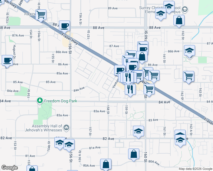 map of restaurants, bars, coffee shops, grocery stores, and more near 15868 85 Avenue in Surrey