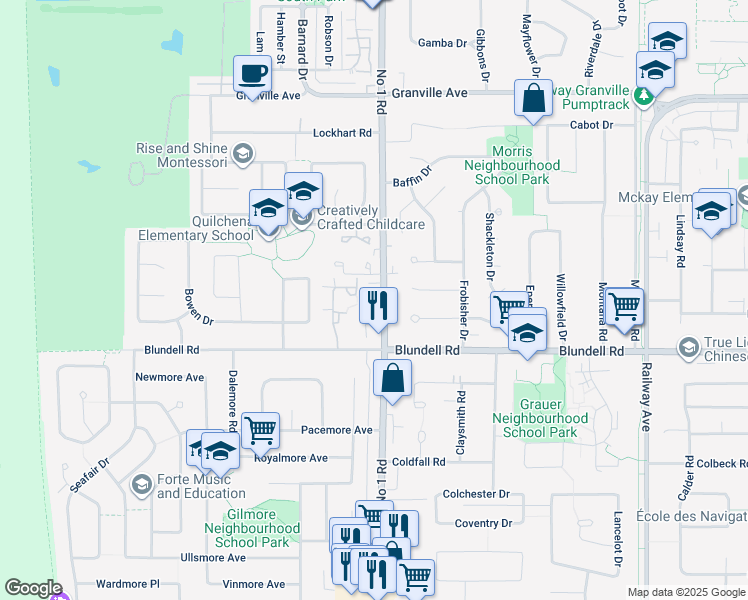 map of restaurants, bars, coffee shops, grocery stores, and more near 7831 Number 1 Road in Richmond