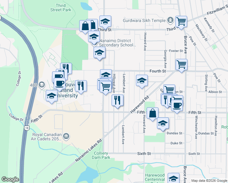 map of restaurants, bars, coffee shops, grocery stores, and more near Hillcrest Avenue in Nanaimo