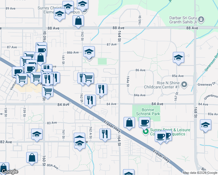 map of restaurants, bars, coffee shops, grocery stores, and more near 16388 85 Avenue in Surrey
