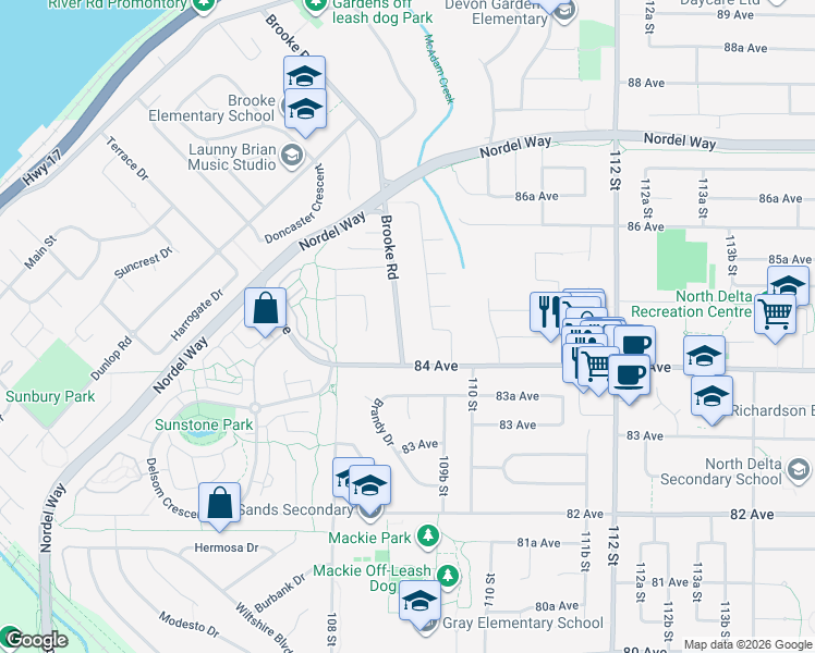 map of restaurants, bars, coffee shops, grocery stores, and more near 8418 Brooke Road in Delta