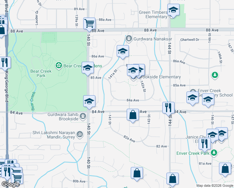 map of restaurants, bars, coffee shops, grocery stores, and more near 14166 84B Avenue in Surrey