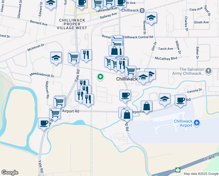 map of restaurants, bars, coffee shops, grocery stores, and more near 8497 Young Road in Chilliwack