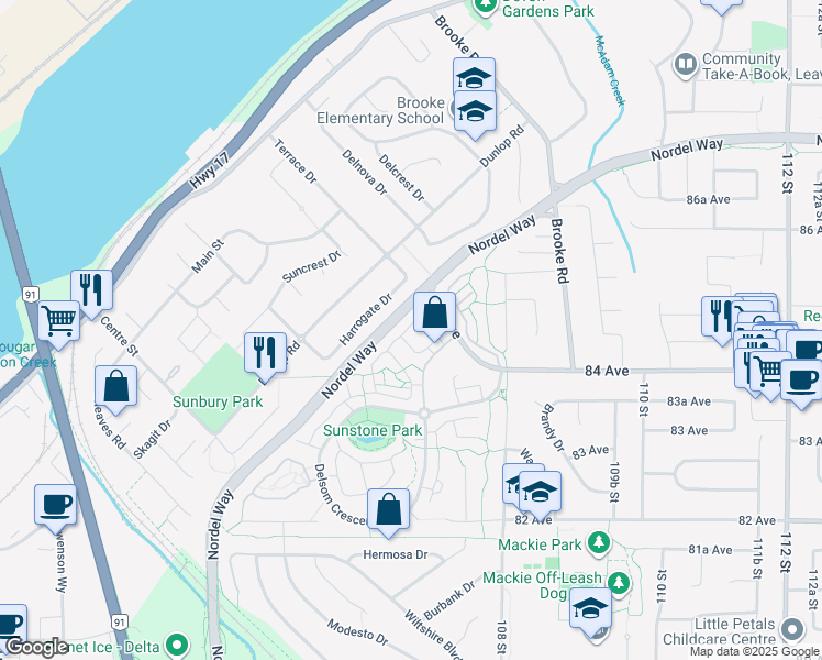 map of restaurants, bars, coffee shops, grocery stores, and more near 8385 Delsom Way in Delta