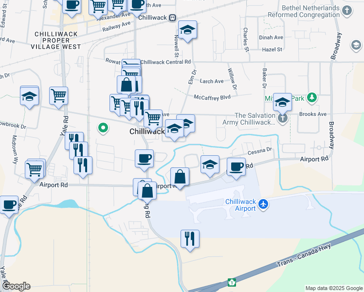 map of restaurants, bars, coffee shops, grocery stores, and more near 8474 Hilton Drive in Chilliwack