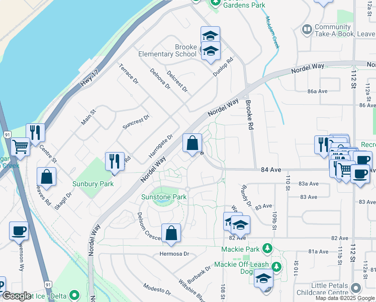 map of restaurants, bars, coffee shops, grocery stores, and more near Delsom Way in Delta