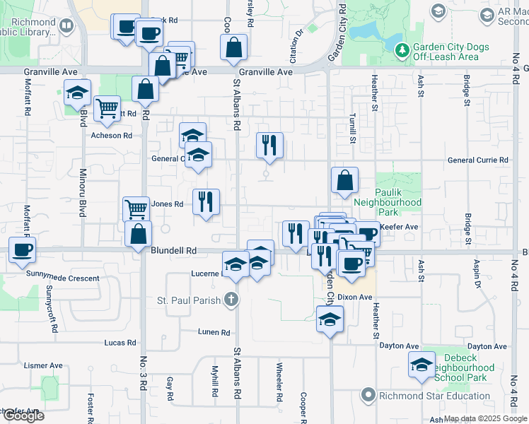 map of restaurants, bars, coffee shops, grocery stores, and more near in Richmond