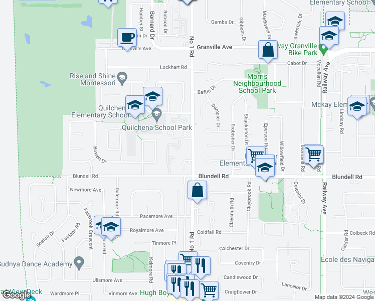 map of restaurants, bars, coffee shops, grocery stores, and more near in Richmond