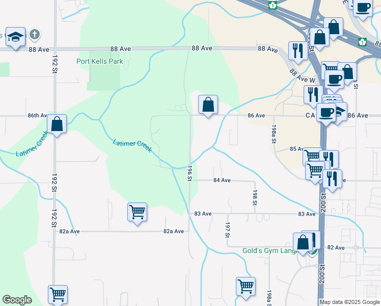 map of restaurants, bars, coffee shops, grocery stores, and more near 8484 196 Street in Langley