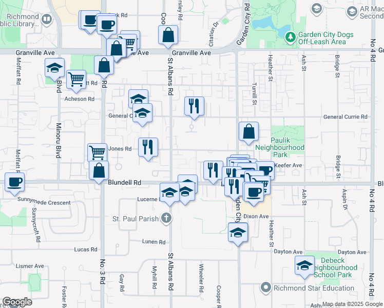map of restaurants, bars, coffee shops, grocery stores, and more near 8600 Jones Road in Richmond