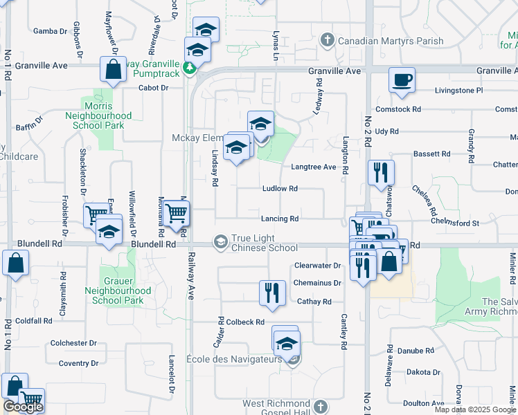 map of restaurants, bars, coffee shops, grocery stores, and more near 7586 Lancing Place in Richmond