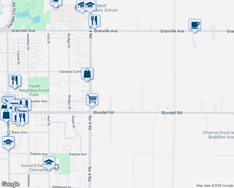 map of restaurants, bars, coffee shops, grocery stores, and more near 25 Blundell Road in Richmond