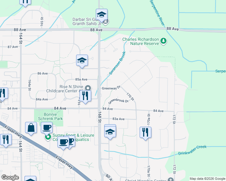 map of restaurants, bars, coffee shops, grocery stores, and more near 16866 Greenway Drive in Surrey