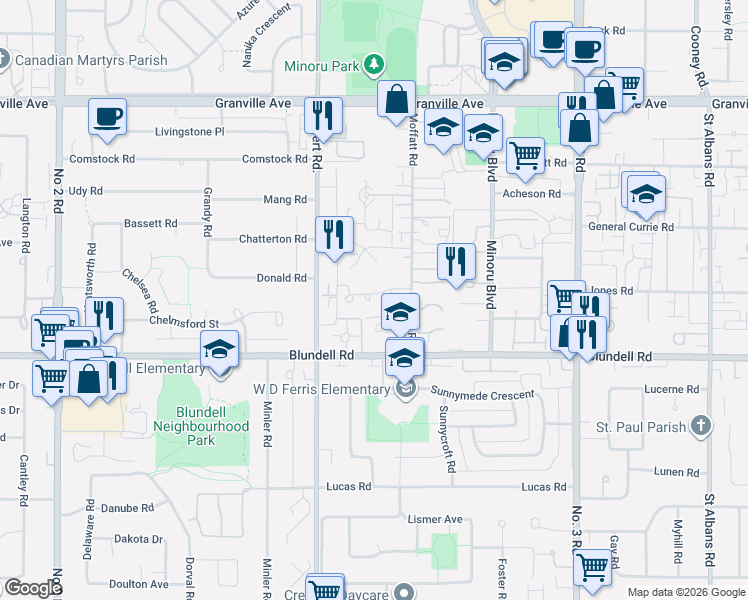 map of restaurants, bars, coffee shops, grocery stores, and more near 7611 Moffatt Road in Richmond