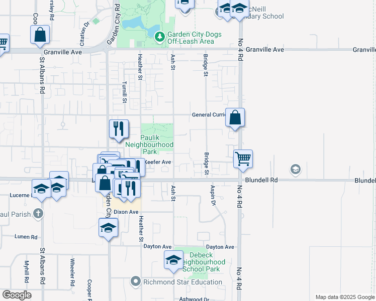 map of restaurants, bars, coffee shops, grocery stores, and more near 7633 Armstrong Street in Richmond