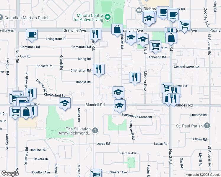 map of restaurants, bars, coffee shops, grocery stores, and more near 7611 Moffatt Road in Richmond