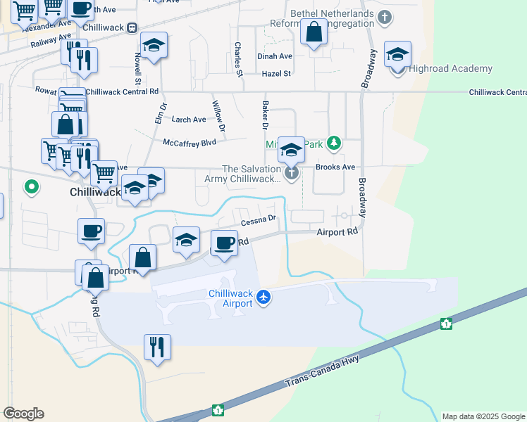 map of restaurants, bars, coffee shops, grocery stores, and more near 46349 Cessna Drive in Chilliwack