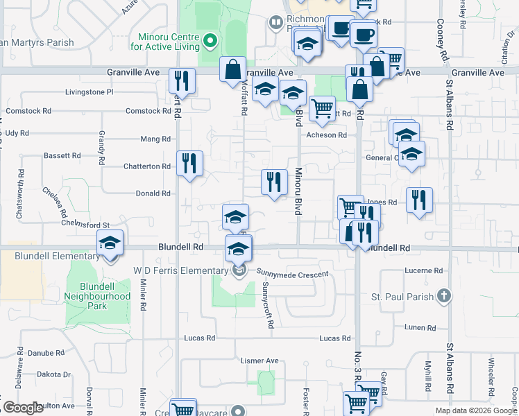 map of restaurants, bars, coffee shops, grocery stores, and more near 7600 Moffatt Road in Richmond