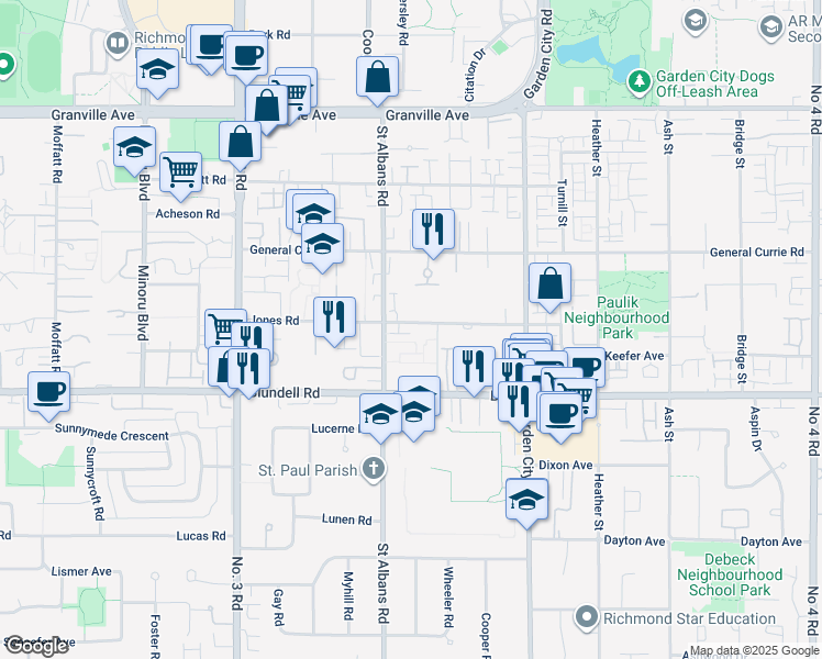 map of restaurants, bars, coffee shops, grocery stores, and more near 8560 Jones Road in Richmond