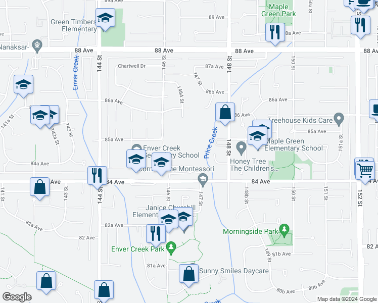 map of restaurants, bars, coffee shops, grocery stores, and more near 14661 85 Avenue in Surrey