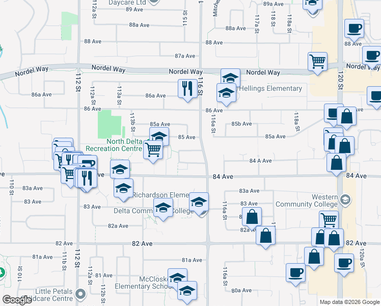 map of restaurants, bars, coffee shops, grocery stores, and more near 11556 84B Avenue in Delta
