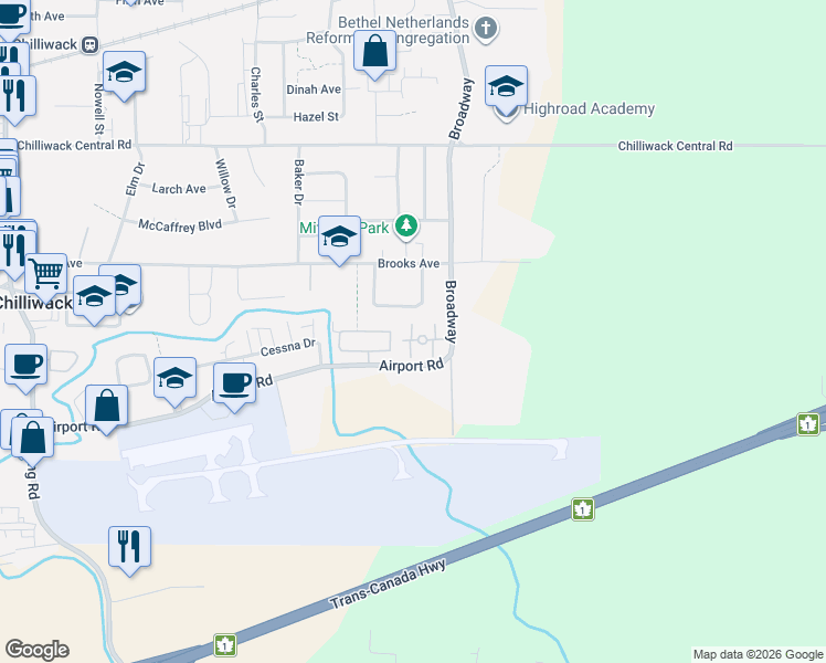 map of restaurants, bars, coffee shops, grocery stores, and more near 8533 Broadway in Chilliwack