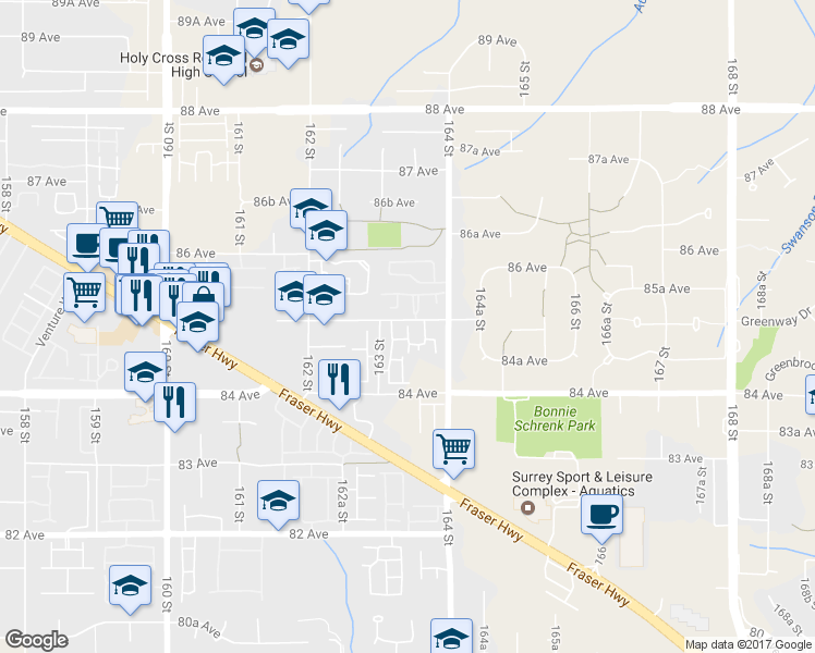 map of restaurants, bars, coffee shops, grocery stores, and more near in Surrey