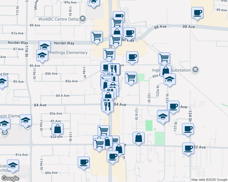 map of restaurants, bars, coffee shops, grocery stores, and more near 8434 120 Street in Surrey