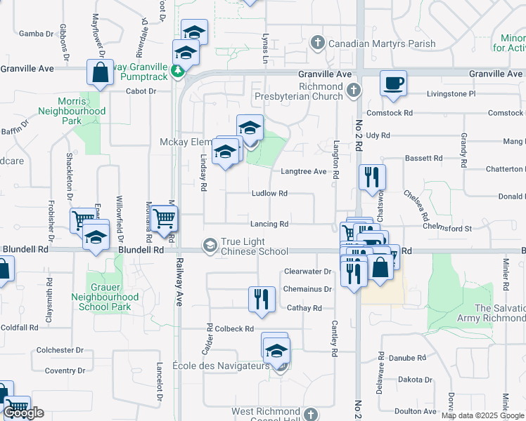 map of restaurants, bars, coffee shops, grocery stores, and more near 7591 Ledway Road in Richmond