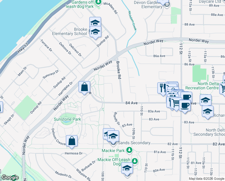map of restaurants, bars, coffee shops, grocery stores, and more near Sullivan Place in Delta