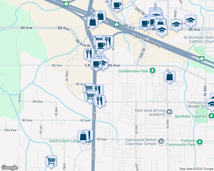 map of restaurants, bars, coffee shops, grocery stores, and more near 20078 85 Avenue in Langley Township