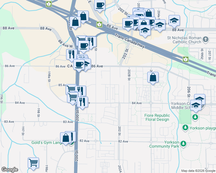 map of restaurants, bars, coffee shops, grocery stores, and more near 20155 84 Avenue in Langley Township