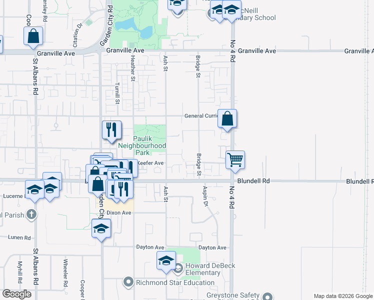 map of restaurants, bars, coffee shops, grocery stores, and more near 7682 Armstrong Street in Richmond