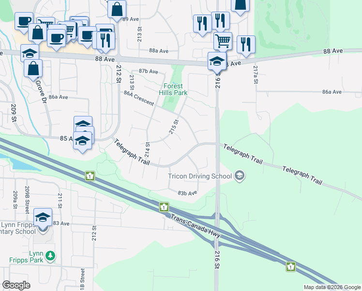 map of restaurants, bars, coffee shops, grocery stores, and more near 21549 85B Court in Langley Township