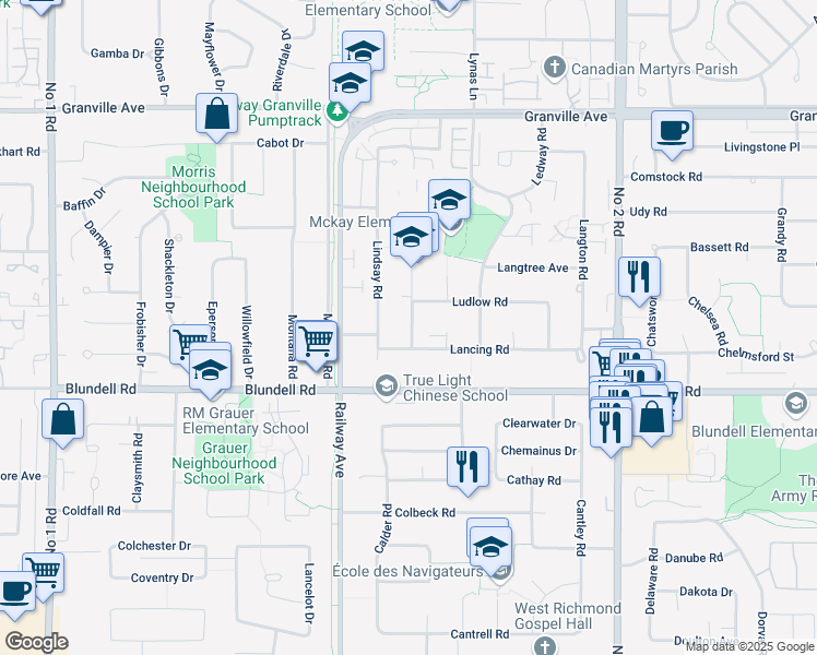 map of restaurants, bars, coffee shops, grocery stores, and more near 7591 Lombard Road in Richmond