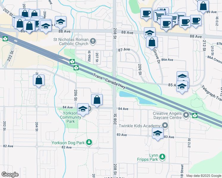 map of restaurants, bars, coffee shops, grocery stores, and more near 8476 207A Street in Langley Township