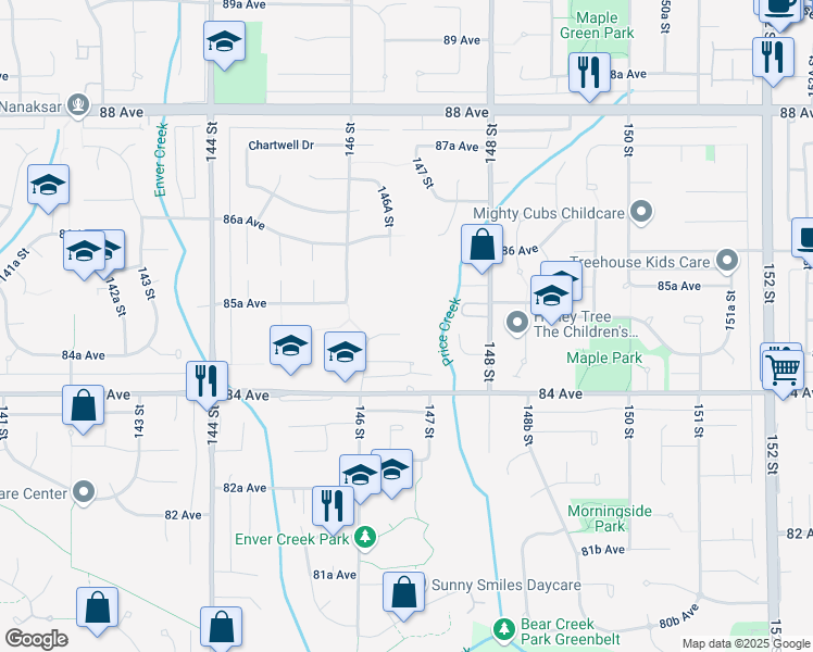 map of restaurants, bars, coffee shops, grocery stores, and more near 14661 85 Avenue in Surrey
