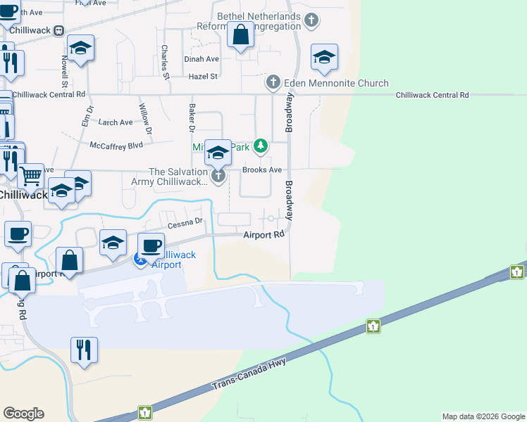 map of restaurants, bars, coffee shops, grocery stores, and more near 8533 Broadway in Chilliwack