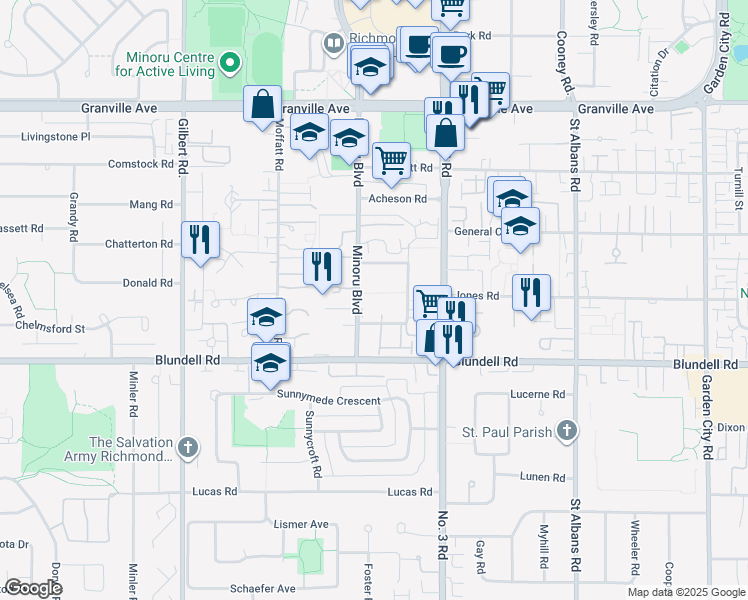 map of restaurants, bars, coffee shops, grocery stores, and more near 7660 Minoru Boulevard in Richmond