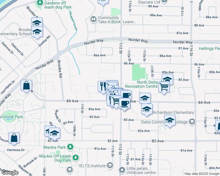 map of restaurants, bars, coffee shops, grocery stores, and more near 11138 84B Avenue in Delta
