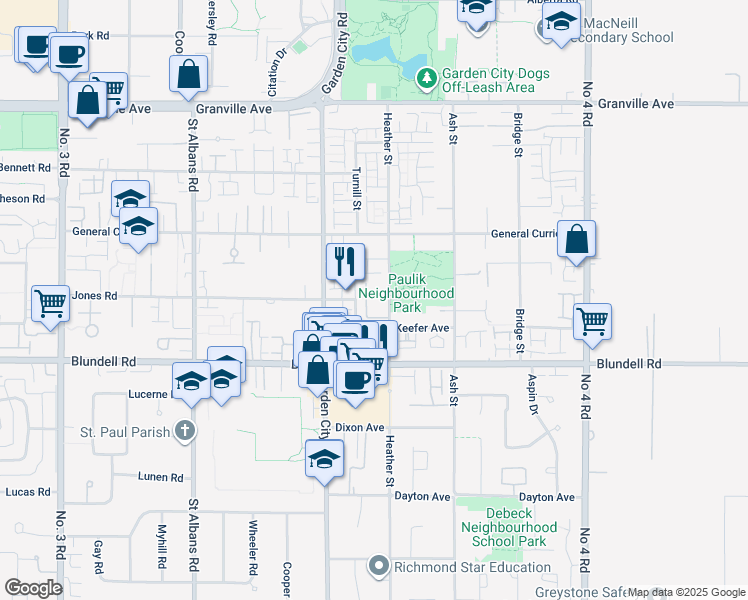 map of restaurants, bars, coffee shops, grocery stores, and more near 7733 Heather Street in Richmond