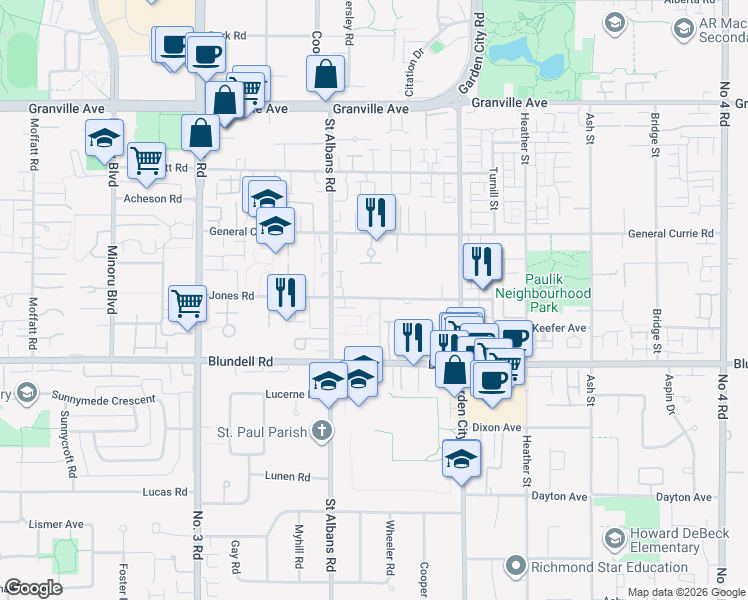map of restaurants, bars, coffee shops, grocery stores, and more near in Richmond
