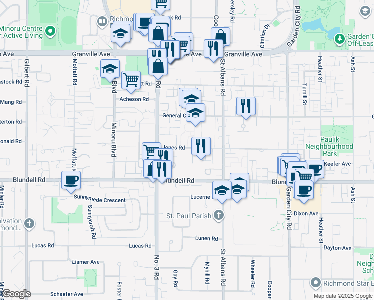 map of restaurants, bars, coffee shops, grocery stores, and more near in Richmond