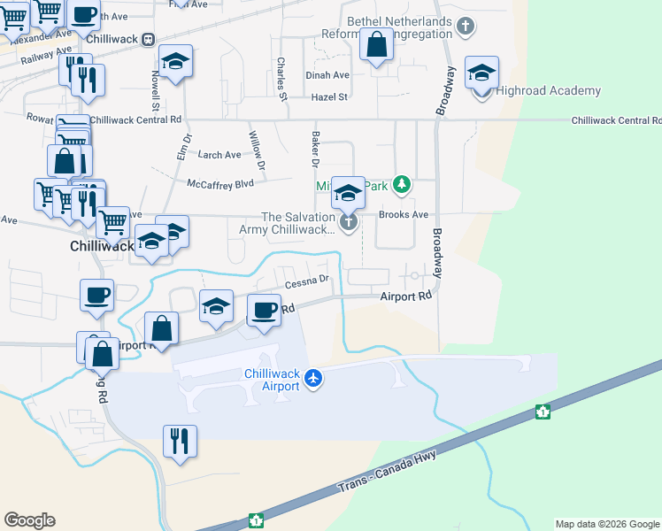 map of restaurants, bars, coffee shops, grocery stores, and more near 46375 Cessna Drive in Chilliwack