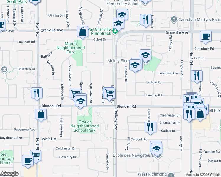 map of restaurants, bars, coffee shops, grocery stores, and more near 7611 McCallan Road in Richmond